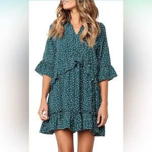 V Neck Ruffle Polka Dot Pocket Loose Swing Casual Short T-Shirt Dress